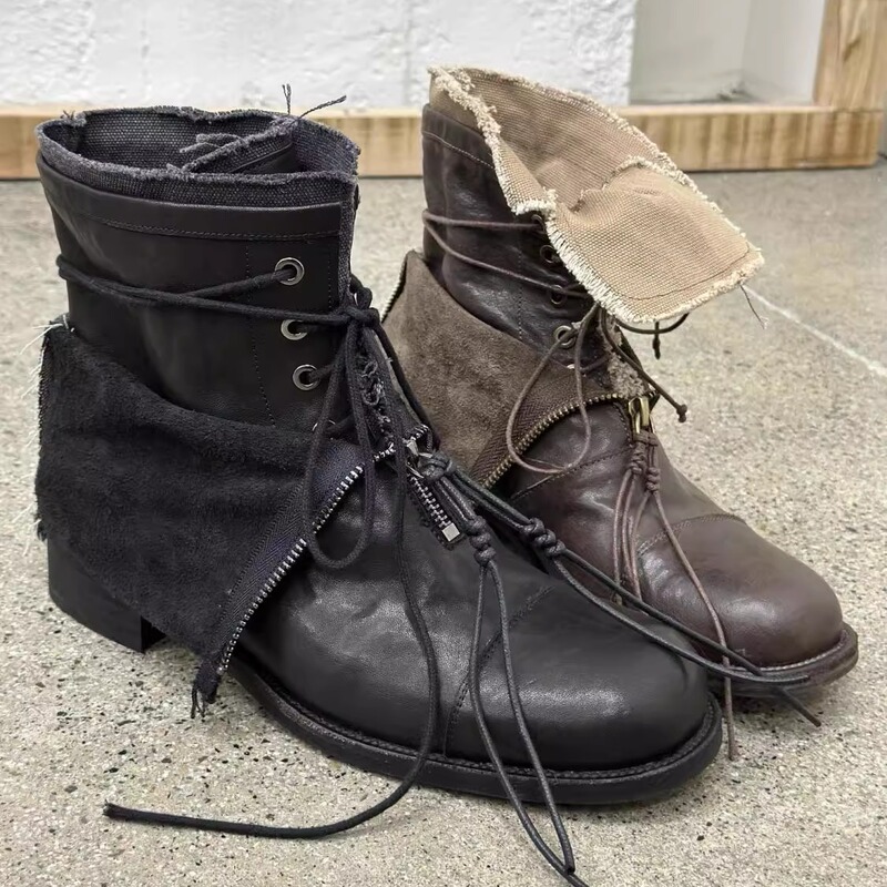 Outdoor High-End Boots for Men, Bohemian Style High-Top Martin Boots, Trendy Thick-Soled Height-Increasing Niche Design Motorcycle Boots