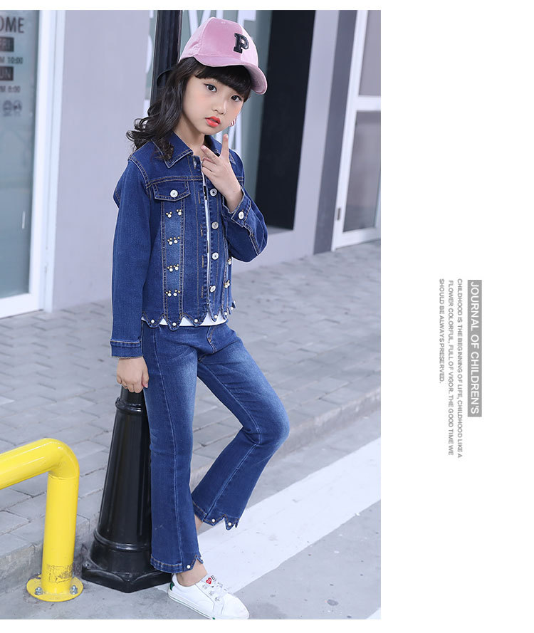 Mùa xuân 6 cô gái 7 áo khoác denim 8 quần 9 quần áo trẻ em 10 học sinh tiểu học và trung học cơ sở 5-13 tuổi Cô gái quần ống loe - Quần jean quần sooc bò bé gái