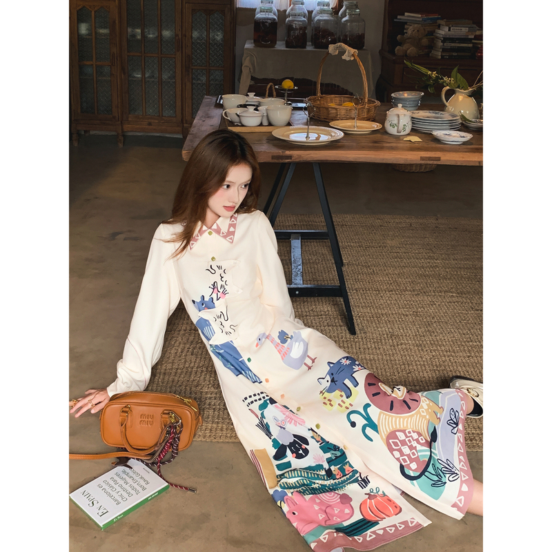 Gula Liangpin Loose Straight-Leg Printed Shirt Dress Long Skirt French Retro Age-Reducing Height-Enhancing Slimming Playful Dress Gula Liangpin Loose Straight-Leg Printed Shirt Dress Long Skirt French Retro Age-Reducing Height-Enhancing Slimming Playful Dress