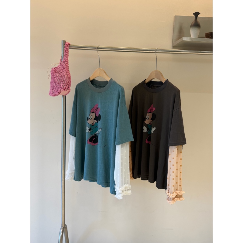 5.8/“Minnie Dancing” Korean Trendy Fun Print Snowflake Cotton Mixed with Polka Dot Mesh Fake Two-Piece Sun Protection T-Shirt 5.8/“Minnie Dancing” Korean Trendy Fun Print Snowflake Cotton Mixed with Polka Dot Mesh Fake Two-Piece Sun Protection T-Shirt