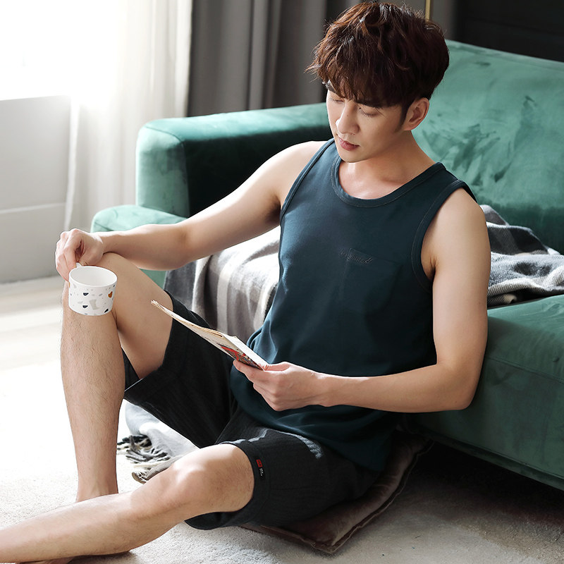 2022 New Sleepwear Men's Summer Pure Cotton Vest Sleeveless And Slim Youth Summer Men's Home Suits Suit