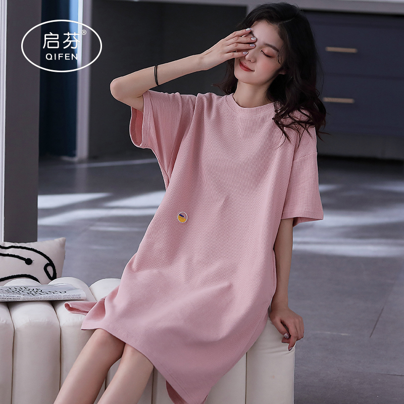 2022 New Sleeping Dress Lady Summer Midskirt Short Sleeves Pure Cotton Thin set Head Home Sleeping Pyjamas summer pyjamas