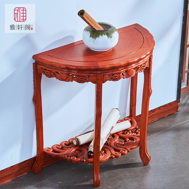 Hedgehog red sandalwood mahogany new Chinese entry porch table rosewood solid wood semi-circle bonsai rack porch table half platform