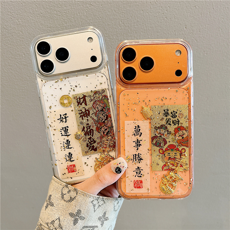 Transparent Gold Foil God of Wealth Chinese Style Suitable for iPhone 17 Pro Apple 17 Pro Max Phone Case 16 New Year 15 High-End Feel 14 Plus Full Protection Anti-Drop 13 Protective Case 12 Soft Case 11 for Men and Women