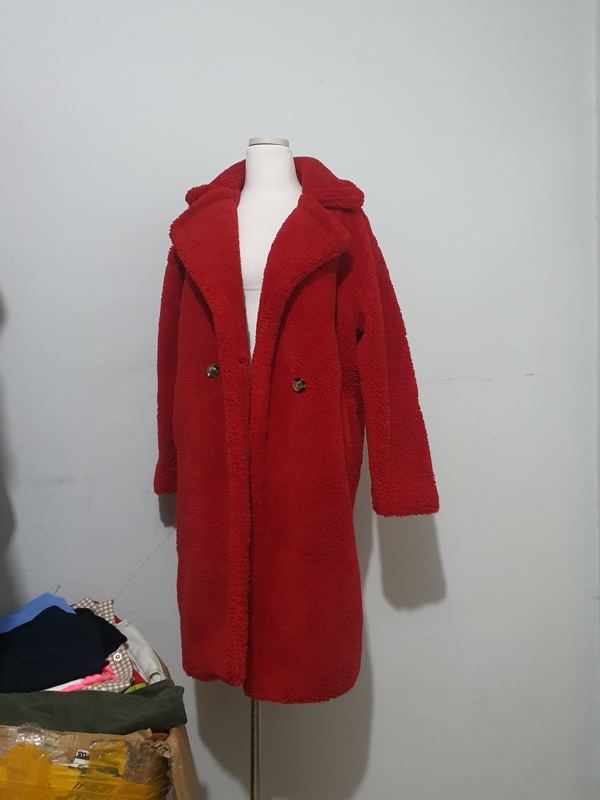 Women's Teddy Bear Lambswool Red Quilted Long Coat with Pockets, Please Check the Size before Purchasing