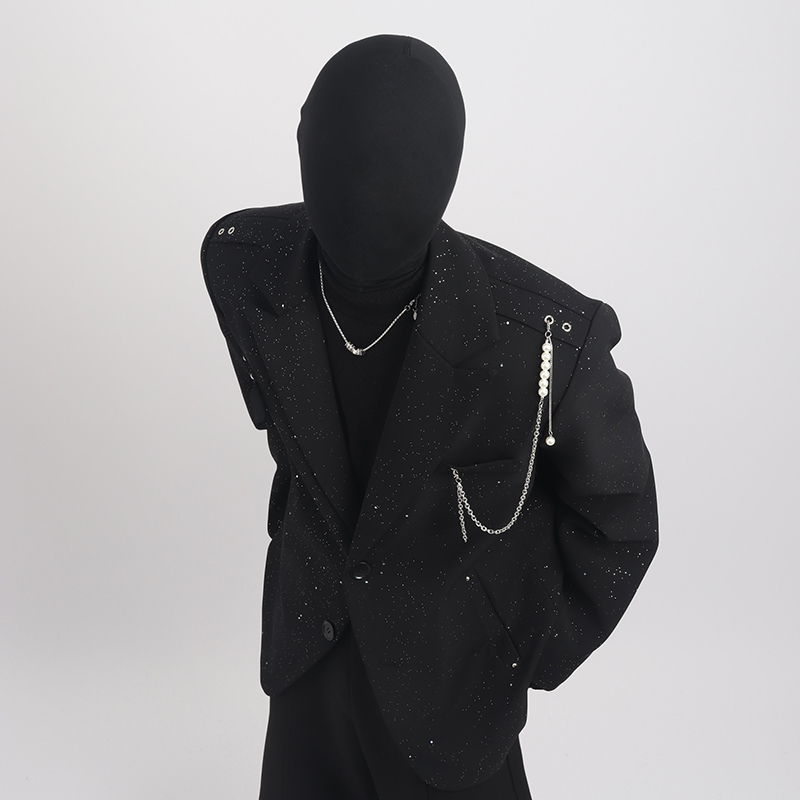 Black Clothes Star-Studded Blazer for Men, Niche Pearl Chain Design, Trendy and Fashionable Stage Outfit Black Clothes Star-Studded Blazer for Men, Niche Pearl Chain Design, Trendy and Fashionable Stage Outfit