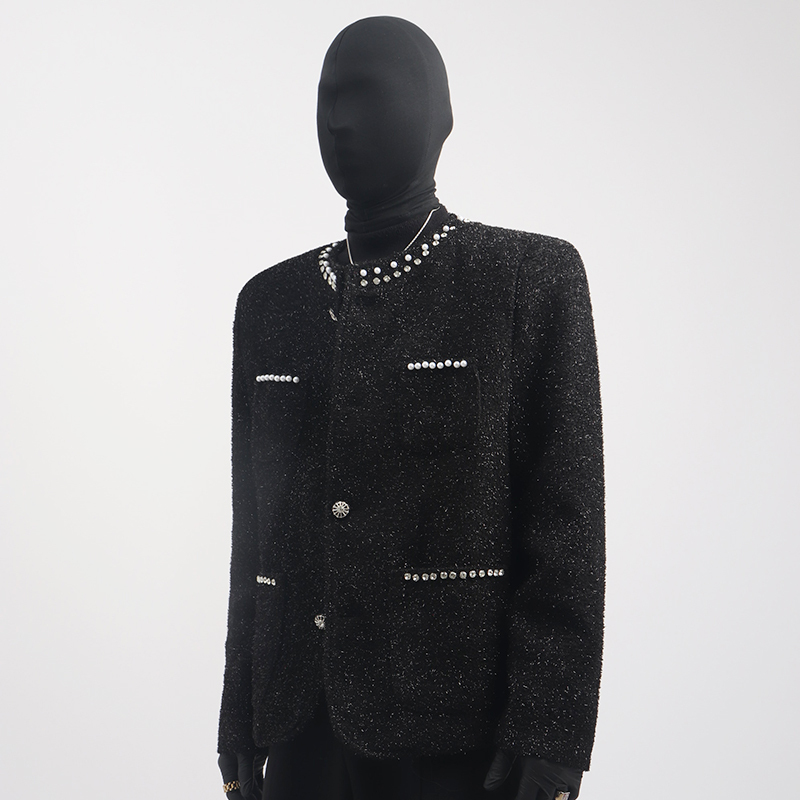 Black Clothes High-End Heavy-Duty Rhinestone-Embellished Chanel-Style Jacket for Men, Korean Version, Loose and Cool Jacket