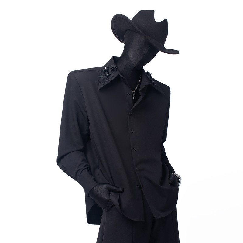 Blackclothes Niche Versatile Shirt Casual Large Pointed Collar Embroidered Korean Style Loose Long-Sleeve Padded Shoulder Shirt Trendy Blackclothes Niche Versatile Shirt Casual Large Pointed Collar Embroidered Korean Style Loose Long-Sleeve Padded Shoulder Shirt Trendy