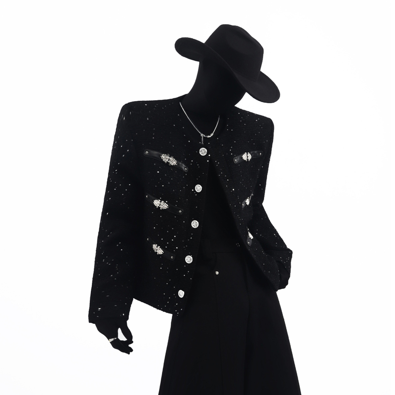 Black Clothes New Versatile Black Metal Design Patchwork Leather Short Tweed Jacket Trendy