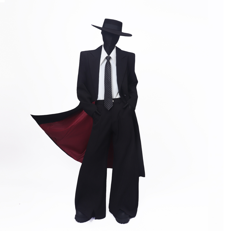 Blackclothes【Moonlight Jazz】Long Black Coat for Men with Red Bottom and Suit Collar, Trench Coat for Autumn and Winter Fashion Blackclothes【Moonlight Jazz】Long Black Coat for Men with Red Bottom and Suit Collar, Trench Coat for Autumn and Winter Fashion