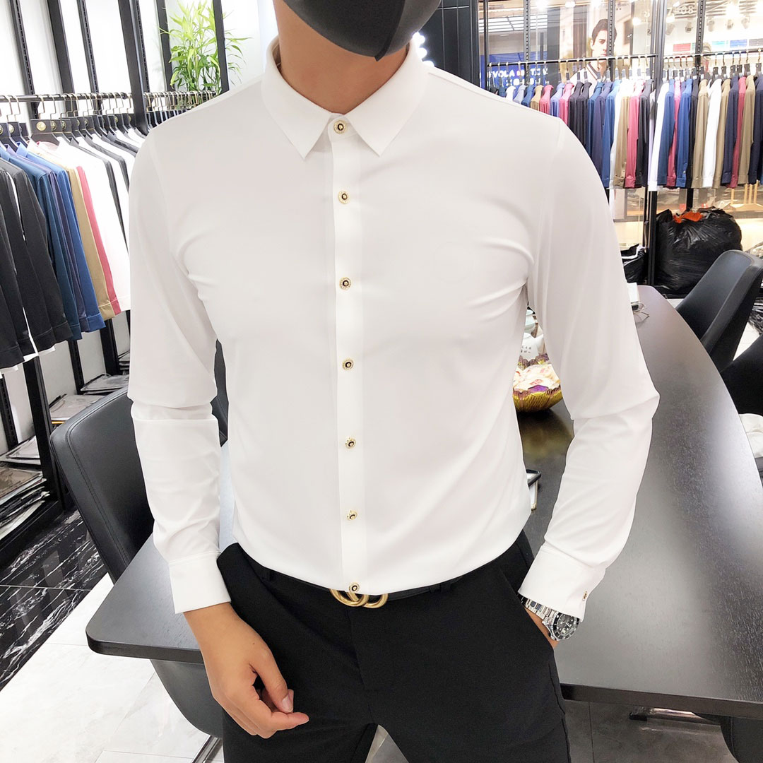男性用高級シルク長袖シャツ、スリムフィット、無地、伸縮性、シームレス、シルケット加工コットン、フォーマル、ドレープ性、アイロンフリーシャツ