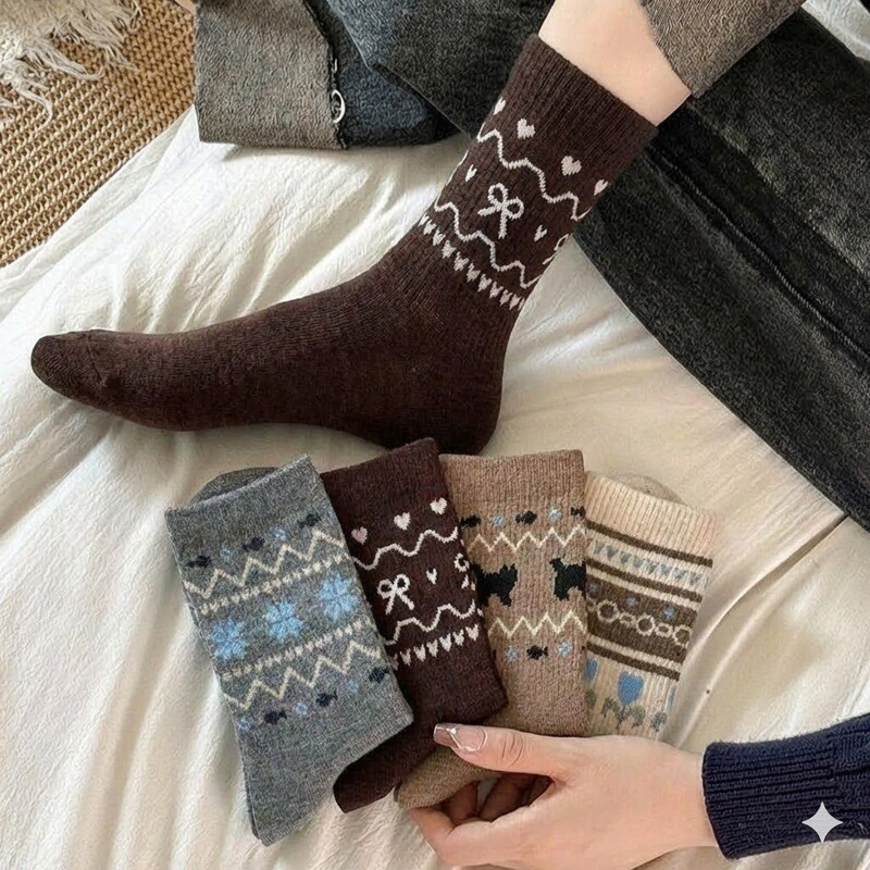 Fair Isle's New Autumn Jacquard Design Socks with a Preppy Style, Comfortable and Versatile, Sweat-Absorbent, Ethnic Style Mid-Calf Socks That Are Unique