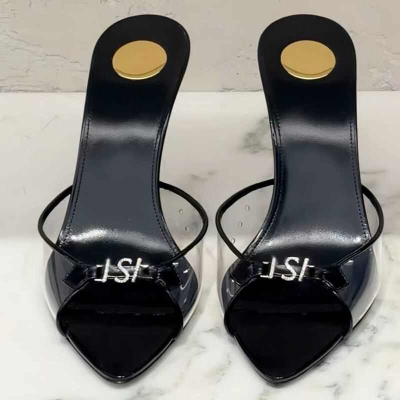 【Moli Xiaoxiang】Ysl Transparent High-Heeled Sandals for Women with Metallic Heels, Sexy Letter Design, Pointed Toe, and Thin High Heels 【Moli Xiaoxiang】Ysl Transparent High-Heeled Sandals for Women with Metallic Heels, Sexy Letter Design, Pointed Toe, and Thin High Heels