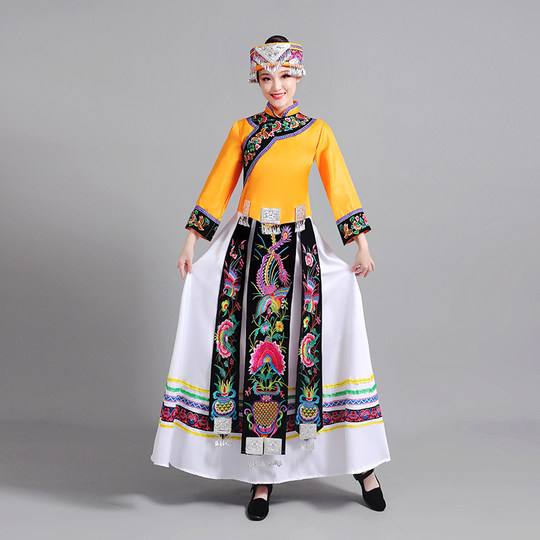 Merkmale ethnischer Minderheiten, traditionelle Kleidung, erwachsene weibliche Gelao-Performance, langer Rock, besticktes Tanz-Performance-Kostüm-Set