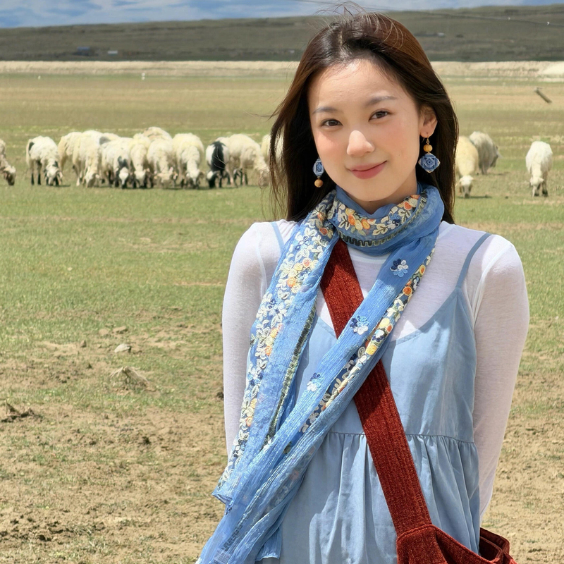 Forest-Style Embroidered Floral Silk Scarf 2026 Summer Thin Shawl Travel Photography Atmosphere Scarf Air-Conditioned Room Outerwear
