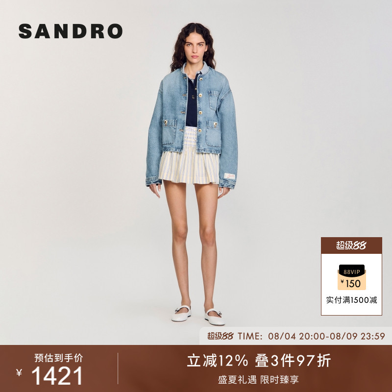 Sandro Classic Women's French Fashion Dimur Style Casual and Elegant Cotton Washed Denim Short Jacket