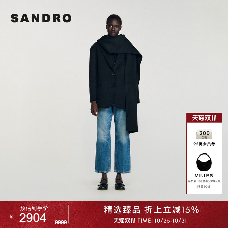 Sandro Women's and Unisex French-Style Sheep Wool Detachable Scarf Collar Single-Breasted Wool Coat