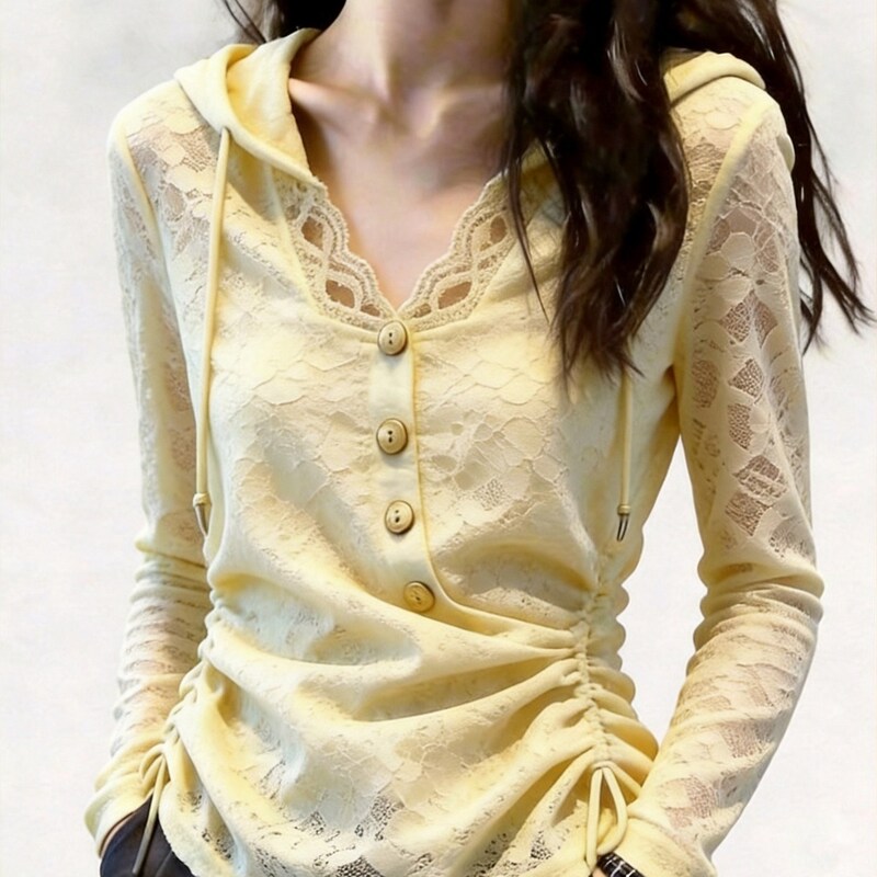 Yellow Lace Top for Women, Gentle and Fashionable, Niche Style, Age-Reducing, Old Money Style, Commuter Shirt, New for Autumn 2026