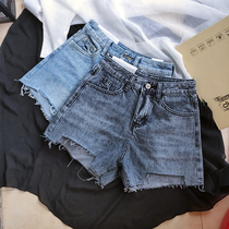 Invincible leg length Korean version small size denim shorts womens fashion irregular blue gray high waist denim hot pants XS