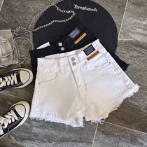 Korean version of high waist double-breasted A denim shorts female foreign style black elastic burrs denim hot pants tide 2021 summer