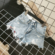 South Korea 24-yard small fresh light blue mid-waist hole plaid denim shorts womens stitching tide ultra-short hot pants XS