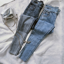 19 years of the new high-waisted breasted blue gray jeans women thin fashion net red models tight nine-point pants tide