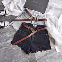 Leg long European and American ins black a-shaped hole denim shorts female summer sexy high waist irregular burrs hot pants