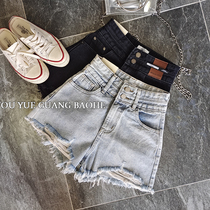 Korean version of foreign style high waist double-breasted hole denim shorts women fashion abdomen no stretch light blue denim hot pants tide