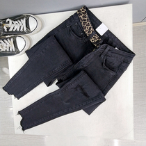 Korean fashion BAO WEN stitching jeans women show THIN stretch waist nine points pure cotton fake hole small feet tide spring