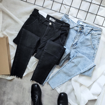 Thin velvet black thin high-waisted jeans womens fashion blue and white light blue and white nine-point pants tide