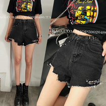 Irregular denim shorts women show leg length fashion high waist hole burr loose hot pants fashion beaded black tide