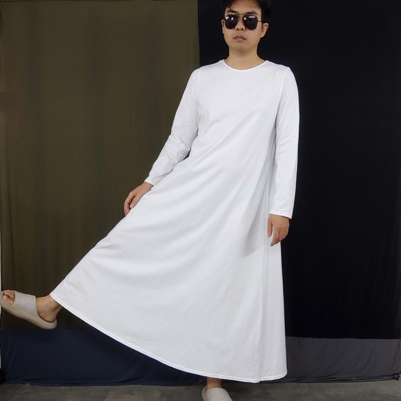 Solid Color Cotton Plus-Size Pajamas for Men, Long Thin Long-Sleeved Dress with a Large Hem, Round Neck Bathrobe, Unisex Loungewear