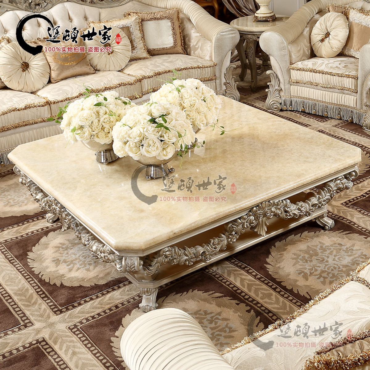 French classical European Italian palace living room natural marble square coffee table solid wood carving furniture customization