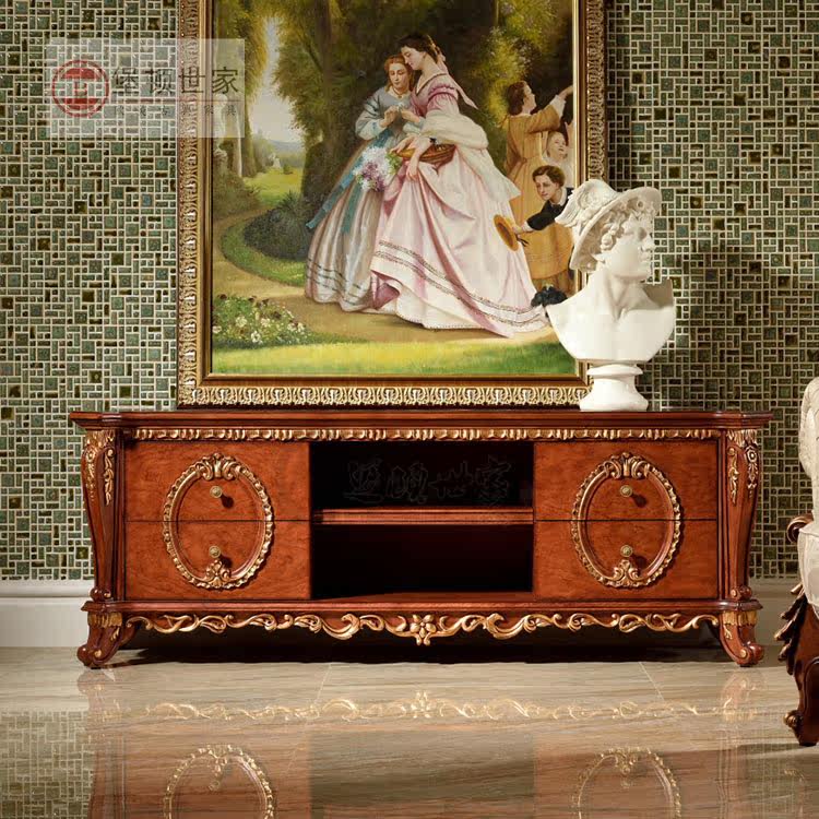 Mansion villa European and American style solid wood TV cabinet combined retro short cabinet containing cabinet natural marble ground cabinet living room
