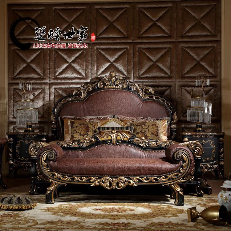 Mansion Villa Genuine Leather Double Man Bed Luxurious Retro Master Bedroom American Solid Wood Engraving Sketching Bed 1 8 m Large Bed