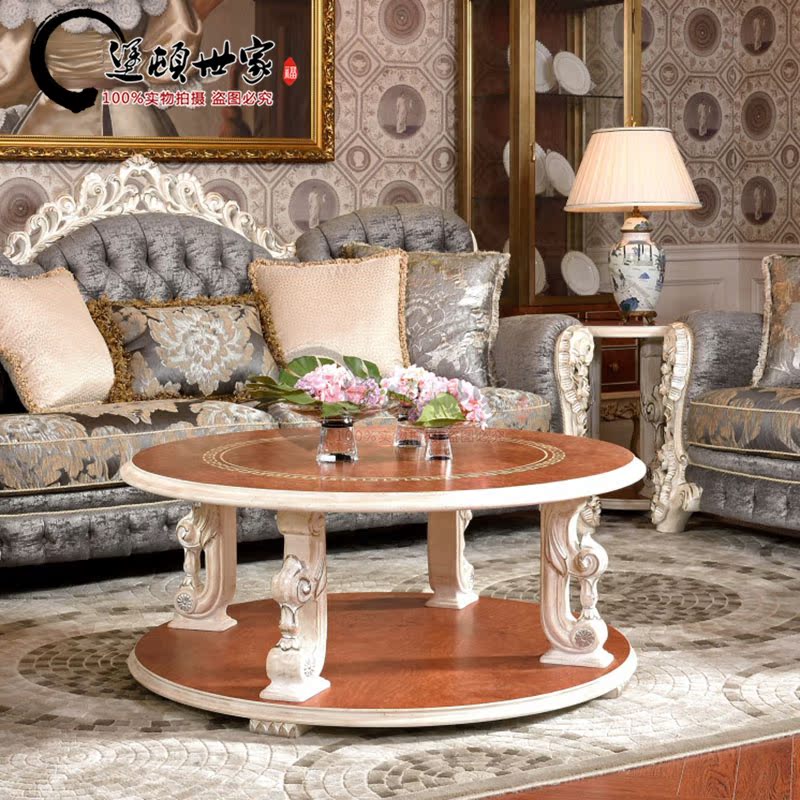 Eurostyle Solid Wood Neoclassical Tea Table Villa Custom Style Lavish Luxury Engraving Luxury Round Tea Table Coffee Table
