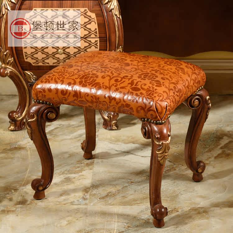 Mansion Eurostyle Vintage Solid Wood Engraving Palace Villa Clubhouse Furniture Luxury Solid Wood Law Style Makeup Chair Short Bench