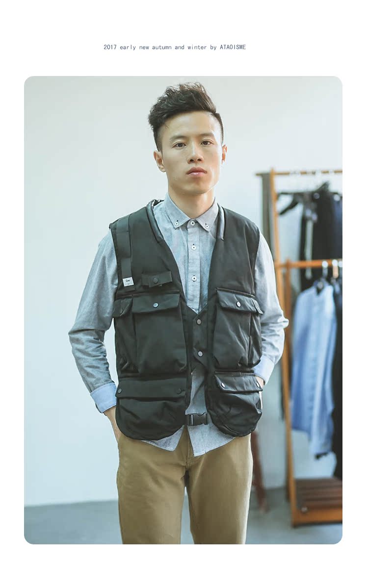 [Giải phóng mặt bằng] Hummer Nhật Bản retro nhiều túi trang trí dây kéo Slim thể thao giản dị cotton vest vest thẻ thủy triều bộ vest nam trung niên