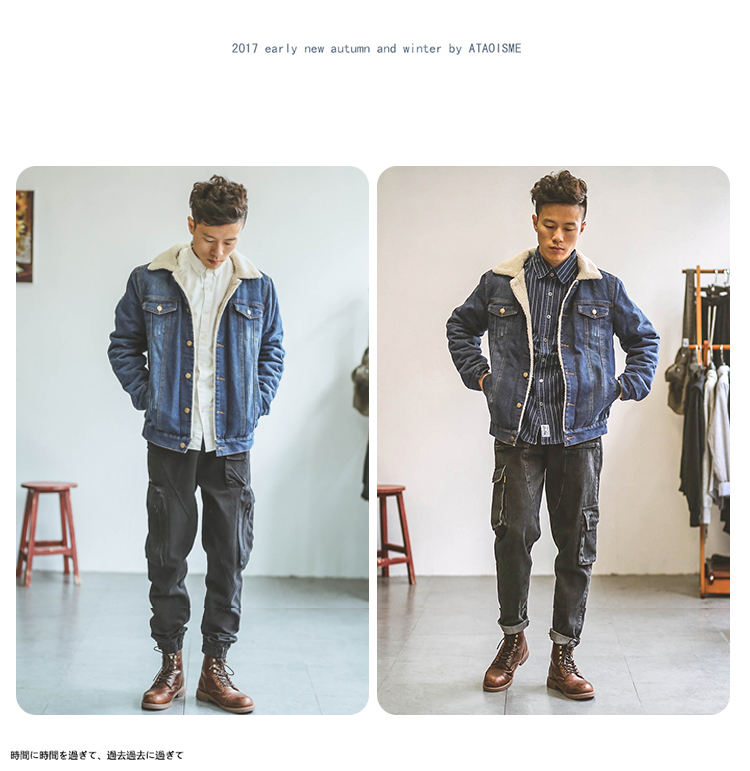 Hummer Nhật Bản cộng với nhung mùa đông mặc cũ lamb tóc denim jacket jacket bông áo khoác thủy triều thương hiệu người đàn ông của bông áo khoác những người yêu thích