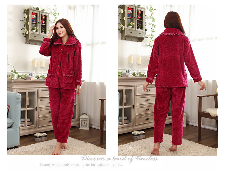 Mùa thu và mùa đông mới của phụ nữ phù hợp với flannel dày trung niên lông cừu san hô dài tay đồ ngủ phụ nữ mùa đông XL dịch vụ nhà đồ bộ mặc nhà đẹp