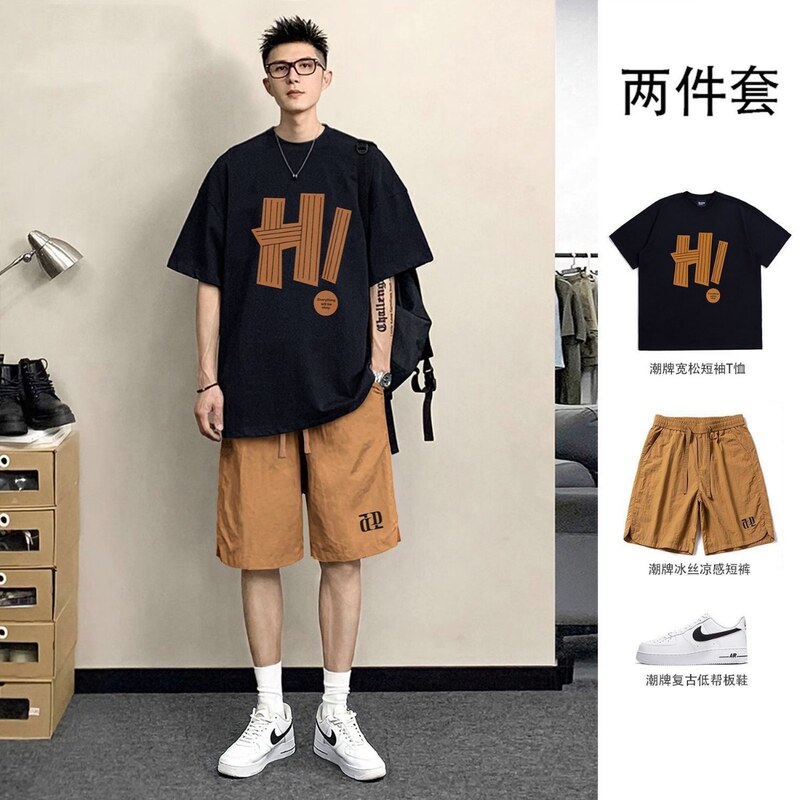 Two-Piece Set Hi Summer Hong Kong Style Personalized Printed Short-Sleeved T-Shirt for Men, Loose Fit ins Trendy Brand Ice Silk Shorts Set