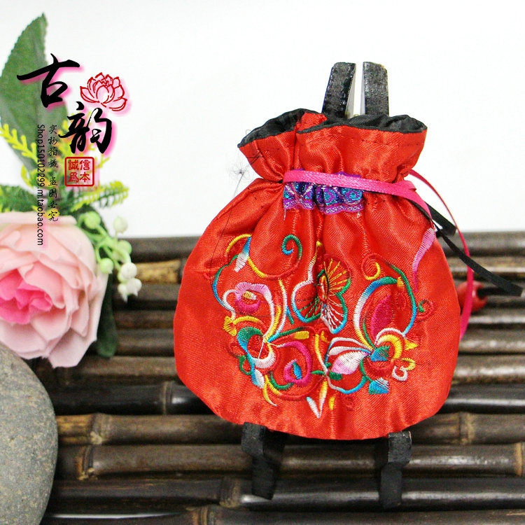 Ethnic Embroidered Mini Pocketbag with Purse Strings with Bag Buddha Beads Handstring Walnut Dish to play with small cotton tapes Draw Rope Cashier Bags