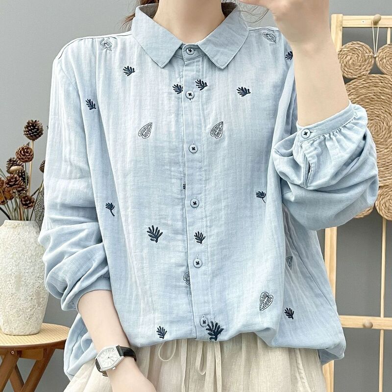 Double-Layer Cotton Gauze Long-Sleeved Shirt for Women, Forest Style, Artistic, Fresh, Leaf Embroidery, Soft, Skin-Friendly, Breathable, All-Cotton Top Double-Layer Cotton Gauze Long-Sleeved Shirt for Women, Forest Style, Artistic, Fresh, Leaf Embroidery, Soft, Skin-Friendly, Breathable, All-Cotton Top