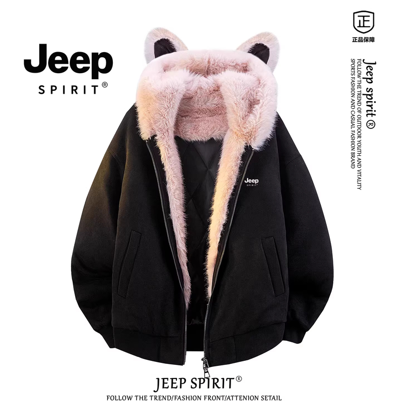 Jeep Spirit American-Style Mountain Carving Cat Ear Hooded Cotton Coat for Men, Winter 2026 New Thickened Warm Jacket