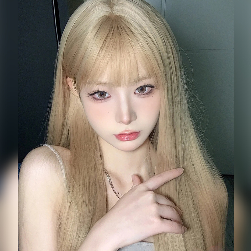 Wig for Women, Platinum Blonde Long Hair, Fashionable and Natural Full Wig, Realistic Human Hair, Internet Celebrity Style, Brightening Effect, Lolita Wig Set