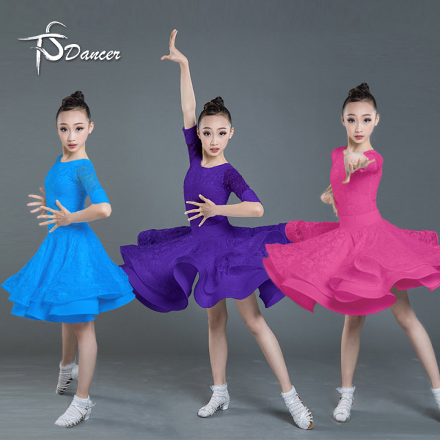 Latin dance performance clothing for girls and children black pool high-end professional standard competition clothing large skirt lace regulation performance clothing