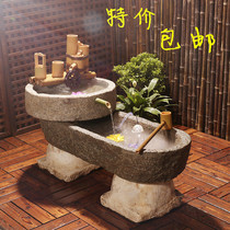 Old stone trough fish tank round basin water landscape Indoor balcony fish tank Bluestone courtyard sink stone flower pot Bluestone