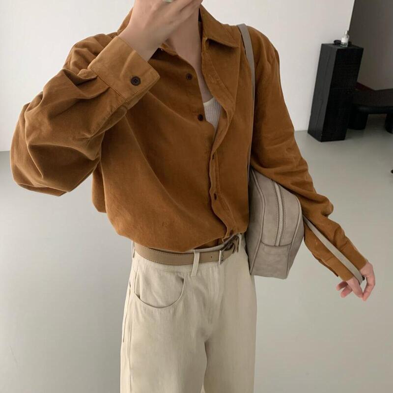 Autumn and Winter Korean Style Slimming Pumpkin-Colored Long-Sleeved Shirt for Women with a Unique Design, Niche French Retro Corduroy Top for Layering