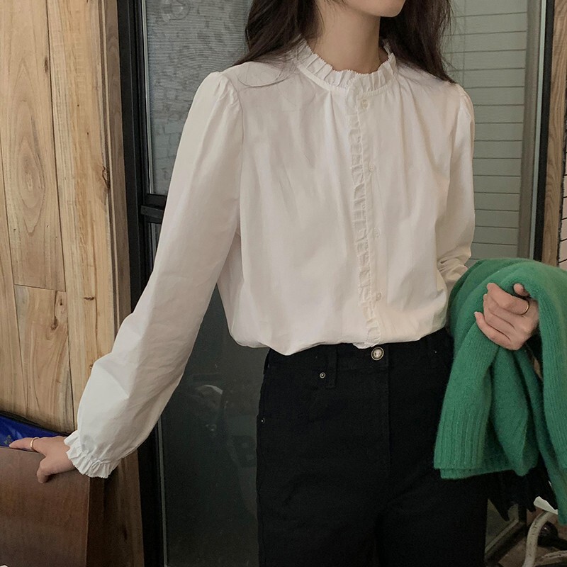 French-Style Vintage White Shirt for Women, 2026 Spring New Model, Ruffled Versatile Long-Sleeve Shirt for Layering with a High-End Feel