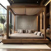 New Chinese style walnut bed and breakfast double bed canopy bed modern simple log style customized four-post solid wood step bed